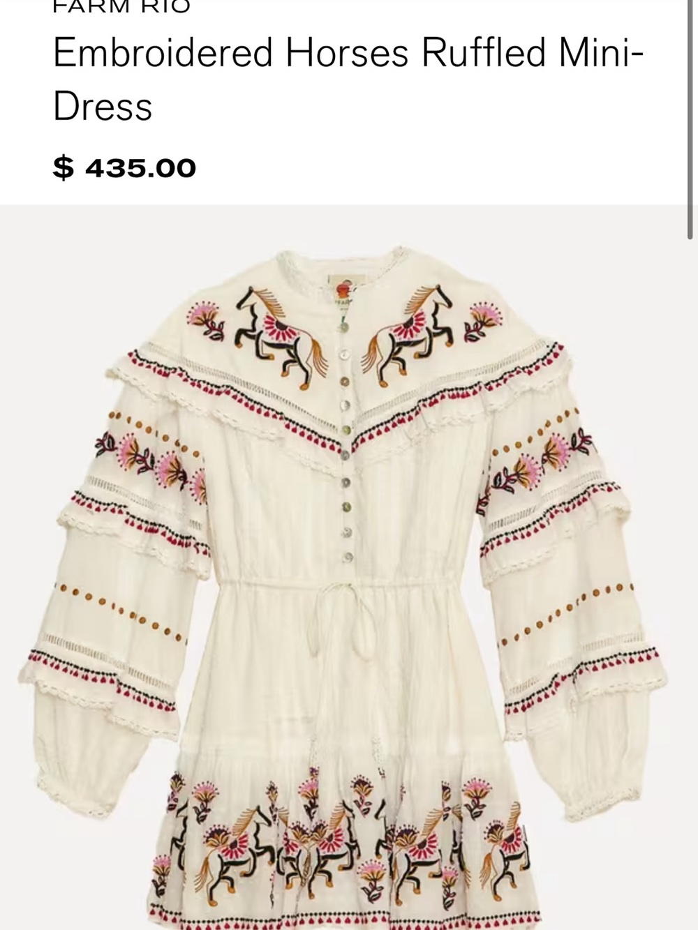 FARM Rio Cream Embroidered Horses Ruffled Mini Dress 😍 - Picture 4 of 4